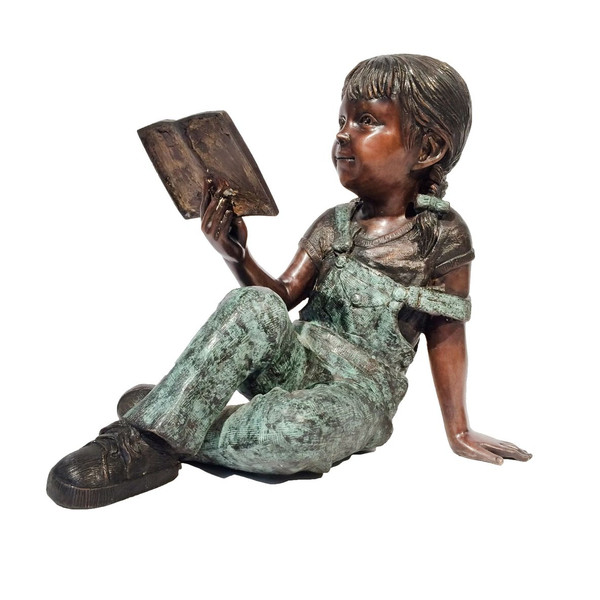 Little Girl Reading book library garden sculptures overalls statues artwork